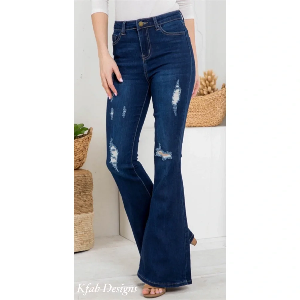 ❤️LAST 3! High Waist Dark Denim Distressed Flare Jeans! - Picture 3 of 7